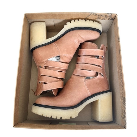 Free People leather strappy cutout ankle boot Jesse tan lug sole beige camel 37 - Picture 6 of 16